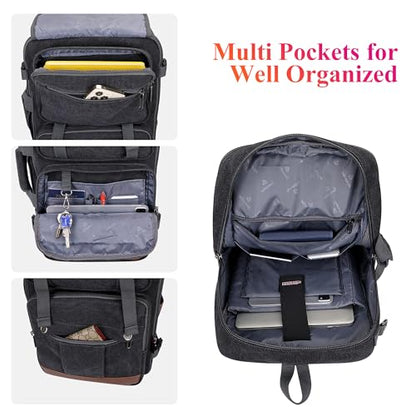 WITZMAN Canvas Travel Backpack for Men Large Laptop Backpack Fit 16 inch Carry-on Airline Approved Convertible Shoulder Rucksack(A6617-3 Black) - color: Black