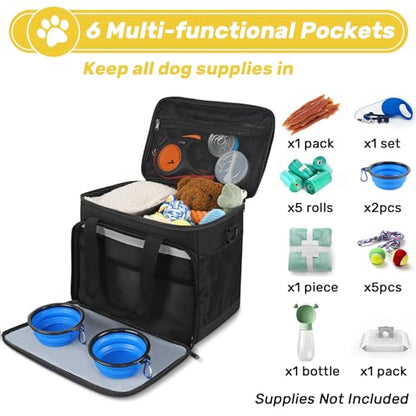 6 Set Dog Travel Bag, Large Pet Travel Kit for Supplies Includes 2 Food Containers, 1 Pet Organizer for Dogs, 2 Collapsible Bowls, 1 Treat Pouch, Dog Weekend Overnight Bag Luggage, Black - color: Black