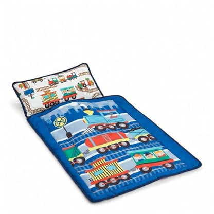 EVERYDAY KIDS Toddler Nap Mat with Removable Pillow -Choo Choo Train- Carry Handle with Fastening Straps Closure, Rollup Design, Soft Microfiber for Preschool, Daycare, Sleeping Bag - Ages 2-6 Years - color: Choo Choo Train