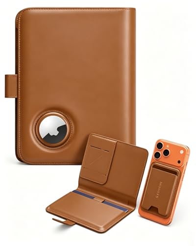 Stouchi AirTag Passport Holder with Detachable Magnetic Card Case, Passport Holder for Travel, RFID-blocking, 1-Second Pull Strap & One-Hand Access, Premium Vegan Leather Travel Document Organizer - color: Brown