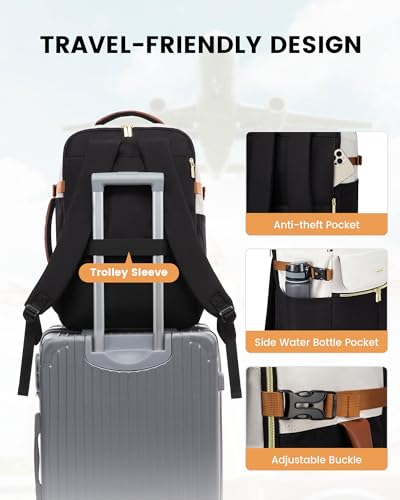 LOVEVOOK Travel Backpack for Women, TSA Carry On Backpack Flight Approved Luggage, 40L Water Resistant Personal Item Daypack Large Weekender Bag fit 17 inch Laptop with 3 Cubes, Beige-black-brown - color: Beige-black-brown, size: 40L-17.3 Inch-4Pcs