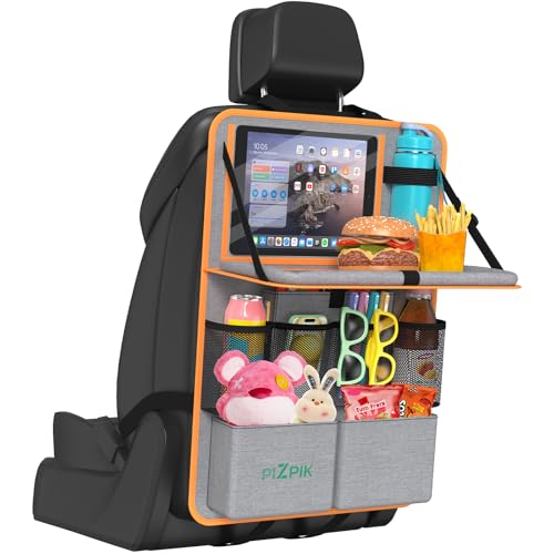 Plzpik Car Backseat Organizer with Tablet Holder,11 Storage Pockets with Foldable Food Tray, Protector Kick Mats for Kids, Travel Accessories Organizer (Orange, 1Pack) - color: Orange, size: 1pack