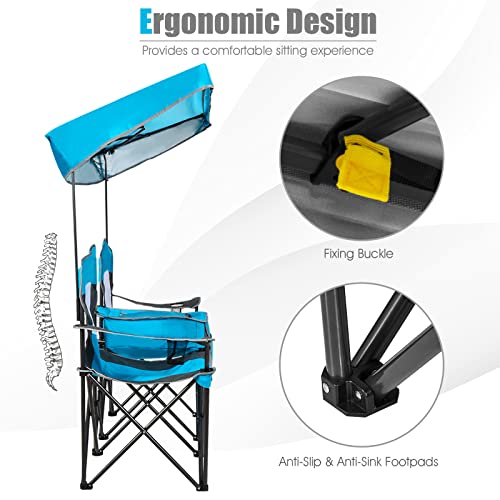 S AFSTAR Double Camping Chair w/Shade Canopy, 2-Person Folding Camp and Beach Chair with Mini Table Beverage Cup Holder Carrying Bag, Collapsible Camping Chairs for Garden Patio Pool Beach - color: Blue
