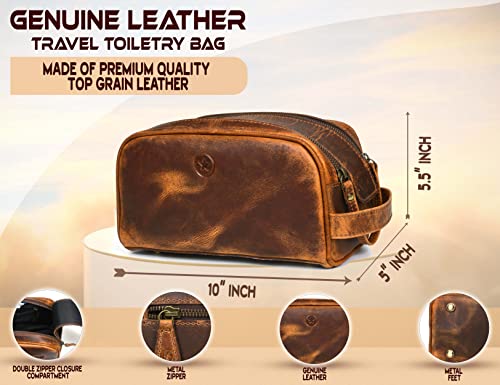 10" Premium Leather Toiletry Travel Pouch With Waterproof Lining Black Color | King-Size Handcrafted Vintage Shaving Kit By Aaron Leather Goods - color: Copper