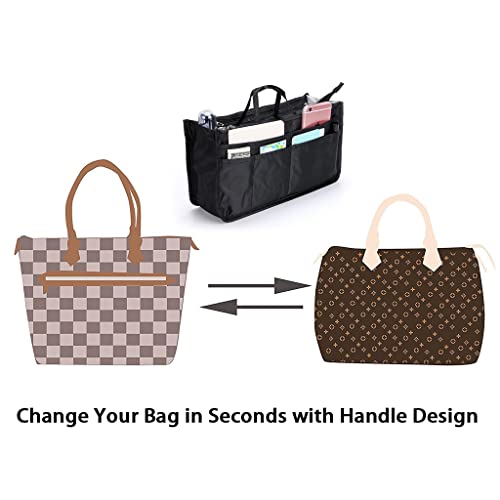BTSKY Printing Handbag Organizers Inside Purse Insert - High Capacity 13 Pockets Bag Tote Organizer with Handle (Black) - color: Black