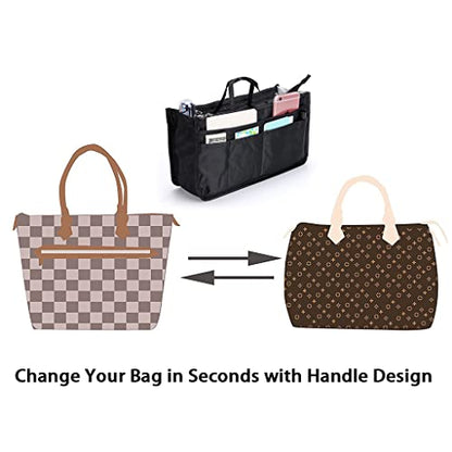 BTSKY Printing Handbag Organizers Inside Purse Insert - High Capacity 13 Pockets Bag Tote Organizer with Handle (Black) - color: Black