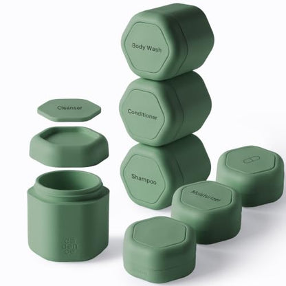 Cadence Travel Containers - Daily Routine Capsule Set - Magnetic Containers with Lids,4 Flex Mediums (1.32oz) & 3 Flex Smalls (0.56oz) - Shampoo, Conditioner, Body Wash, Pills, & More - Eucalyptus - color: Eucalyptus