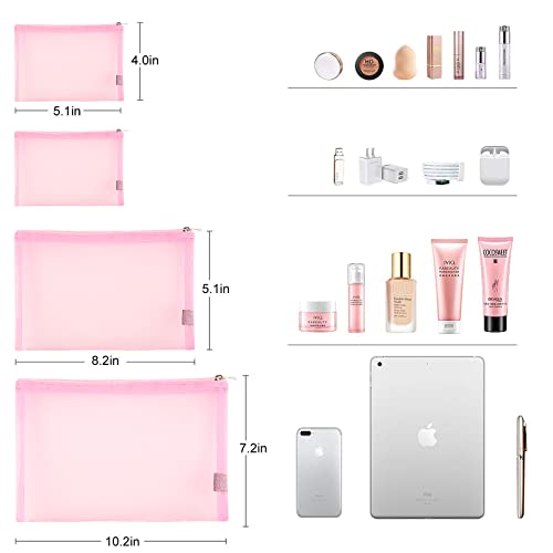 EASYFUN Mesh Pouch, Make up Bag with Zipper Cosmetic Organizer Pouch for Daily or Travel to Keep Small Items, 4 PCS Pink - color: Pink