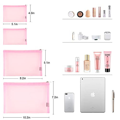 EASYFUN Mesh Pouch, Make up Bag with Zipper Cosmetic Organizer Pouch for Daily or Travel to Keep Small Items, 4 PCS Pink - color: Pink