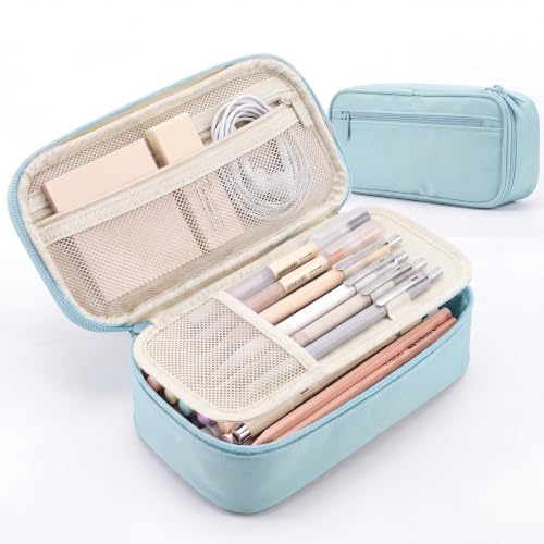 WEMATE Pencil Case, Large Storage Organizer, Makeup Bag, Teacher Must - have, Big Pencil Pouch, Marker Case for College - color: Light Blue