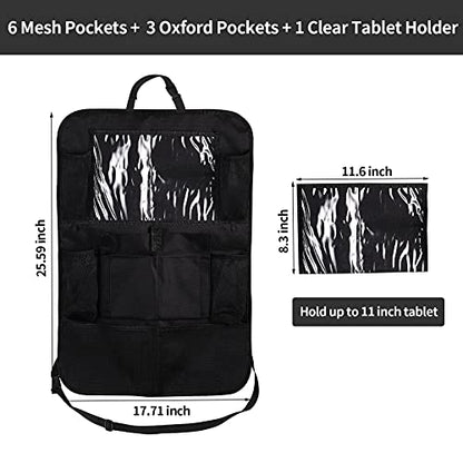 Ecurfu Backseat Car Organizer with 10 Compartments, 10 Inch Tablet Holder, Waterproof Storage Bag for Kids Cars - 600D Oxford Fabric, Black (1PC)