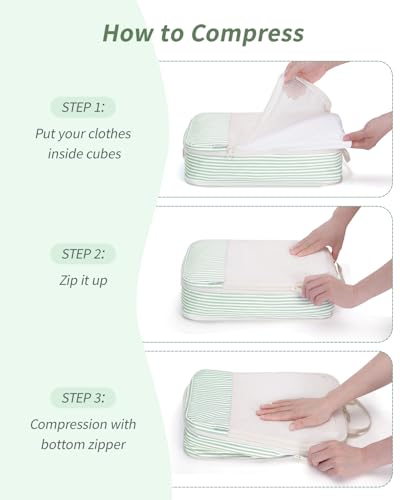 Narwey 6 Set Compression Packing Cubes for Travel Women Men, Travel Cubes for Carry On Suitcase, Durable Compression Luggage Organizer Bags - color: ZY-Mint Green Stripe