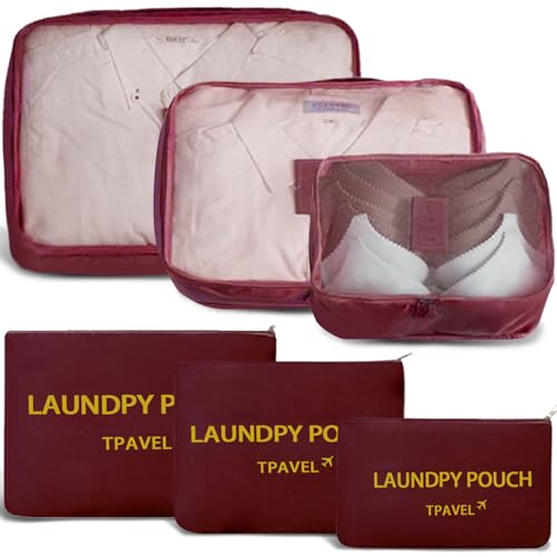 6 Set Packing Cubes for Travel Luggage Packing Bags Reusable Lightweight Suitcase Organizer Cubes Set for Travel Accessories (Wine Red) - color: Wine Red