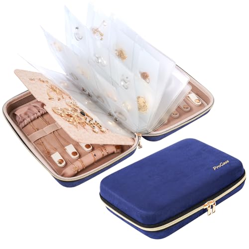 ProCase Extra Large Jewelry Organizer Case, Jewellery Home Storage Book Ring Binder with Clear Pockets for Presentation, Zippered Pouch Bag for Earrings Necklaces Bracelets -Navy - color: Navy, size: Large, Loose-leaf