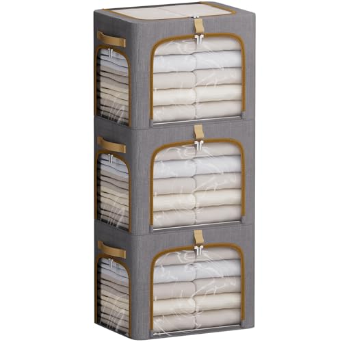CYhom Clothes Storage Bins with Metal Frame,3 See-Through Windows Openings Clothing Storage Bin,3 Pack Foldable Storage Bins Boxes for Closet (Dark Grey, 43L-16.5 x 12.6 x 12.6IN) - color: Dark Grey, size: 16.5 x 12.6 x 12.6 in