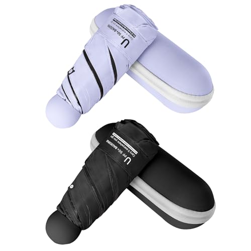 BAODINI Travel Essentials Mini Umbrella for Purse With Case Small Compact UV Sun Protection Lightweight Tiny Pocket Manual Open Close Umbrella for Women Kids and Men Fits Purse Backpack - color: B-2 Pack Purple & Black