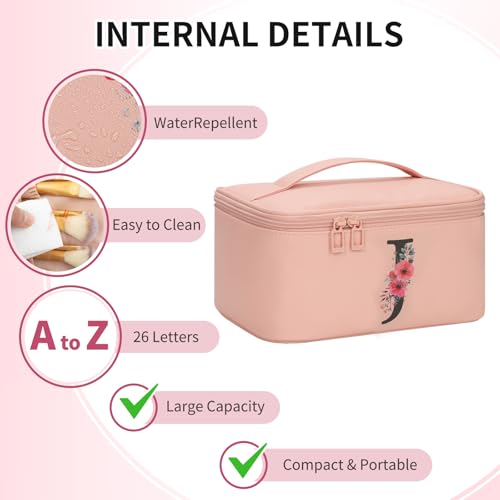 OCHEAL Initial Makeup Bag,Monogram Make up Bag Pink Travel Makeup Organizer Case Beauty Toiletry Cosmetic Bag with Brush Holder, Trendy Stuff Personalized Gifts for Women and Girls-J - color: Pink, style: J