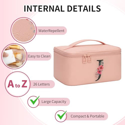 OCHEAL Initial Makeup Bag,Monogram Make up Bag Pink Travel Makeup Organizer Case Beauty Toiletry Cosmetic Bag with Brush Holder, Trendy Stuff Personalized Gifts for Women and Girls-J - color: Pink, style: J
