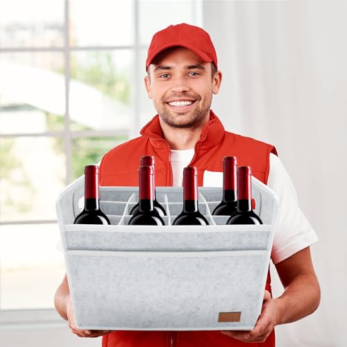 12 Bottle Wine Tote Bag, 15 x 12.6 x 10.6 Inch Collapsible Insulated Thermal Padded Felt Beer Tote, Reusable Wine Storage Bags for Travel Party Camping Picnic Vacation, Grey
