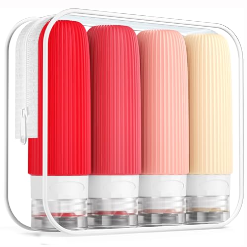 Mrsdry Travel Bottles for Toiletries, Tsa Approved 3oz Portable Travel Bottles, BPA Free Leak Proof Squeezable Silicone Travel Size Containers, Travel Accessories with Clear Toiletry Bag (4 Pack) - color: Cream-Colored, size: 3 Ounces