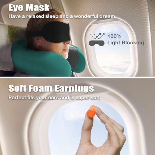 Travel Pillow, Memory Foam Neck Pillow for Traveling, U Shape Neck Pillow Airplane Portable Flight Pillow Travel Kit with 5D Contoured Eye Masks and Earplug for Plane Train Car Home Office - color: Green