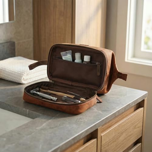 LEATHER VILLAGE Genuine Leather Dopp Kit – Large Travel Toiletry Bag with Waterproof Lining, Dual-Zip Design for Men & Women, Organizer for Shaving, Makeup & Essentials - Tan - color: Sun Tan