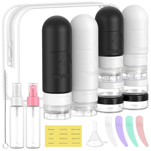 ME.FAN Travel Bottles for Toiletries, 18 Pack TSA Approved Travel Size Containers Set, Silicone Squeezable Portable Split Bottle, Travel Accessories for Conditioner, Shampoo, Lotion - Black/White - color: Black/White