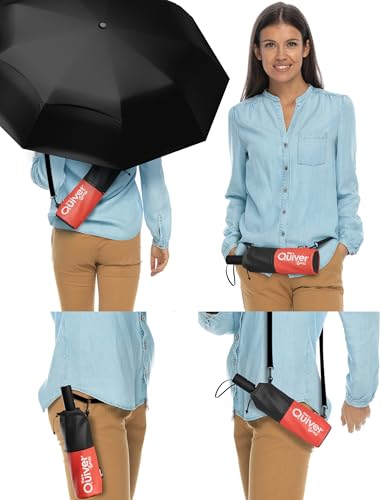Repel Windproof Travel Umbrella - Compact & Withstands Winds up to 100MPH , Strongest Premium Auto Folding Umbrella for Rain and Sun - Durable, Light & Portable for Women & Men , Fits Backpack & Cars - color: Black Umbrella + Black & Red Carrying Sling
