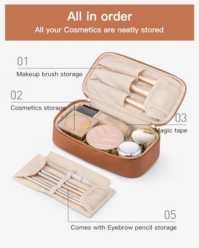 Vlando Travel Makeup Bag,Small Makeup Bag for Women,Gifts for Women Girls, Makeup Pouch Purse Travel Essentials Toiletries-Brown - color: 01-Brown