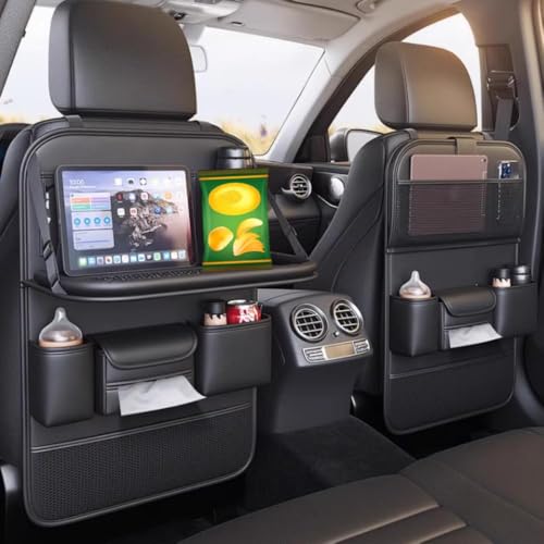 2 Pack Leather Car Backseat Organizer with Foldable Table Tray, Car Seat Back Protector Kick Mats with Tablet Holder, Travel Accessories Storage Organizer