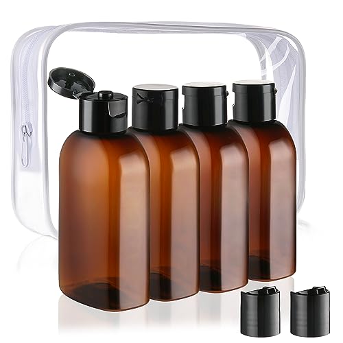 Cosywell Travel Shampoo Bottles 4pcs 3.4oz TSA Approved Travel Size Bottles for Toiletries Leak Proof Empty Lotion Containers with Flip Cap Small Plastic Squeeze Bottle - color: D-3.4oz-Brown-4blank