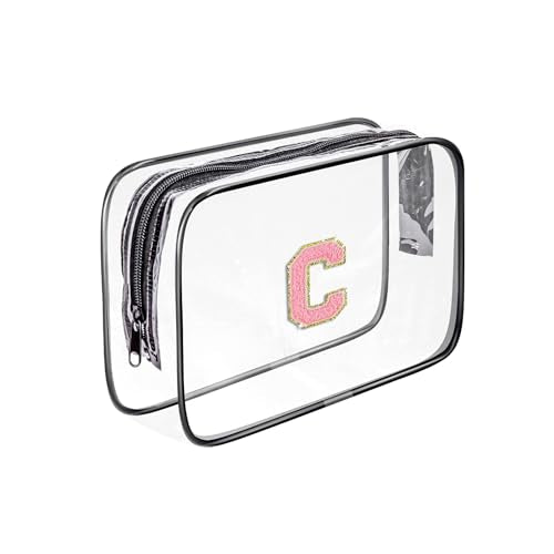 Clear Toiletry Bag,Portable Travel Toiletry Bag,Chenille Letter Cosmetic Bag with Zipper,Waterproof Makeup Bag,Cosmetic Storage Organizer for Women Men,Travel Essentials (Black,C) - size: C
