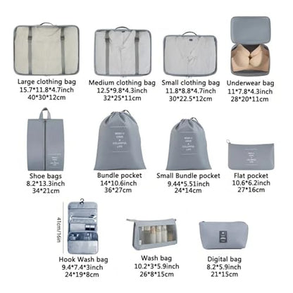 Travel Storage Bags Set - Packing Cubes Organizer for Clothes, Toiletries, and Shoes(11pcs Set Gray)