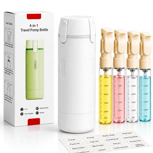 4 in 1 Travel Dispenser Bottles Shampoo Refillable Leak Proof TSA Compliant Size Containers Toiletries Toiletry with Pump Design Portable Organizer Conditioner Lotion Cream Vacation (White) - color: White