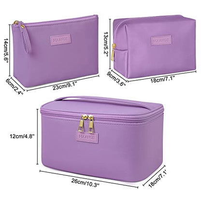 MAANGE Travel Makeup Bag - Large Makeup Bag with 2pcs Small Makeup Bag Portable Leather Cosmetic Bag Toiletry Bag Make Up Bags for Women and Girls (Purple) - color: Purple