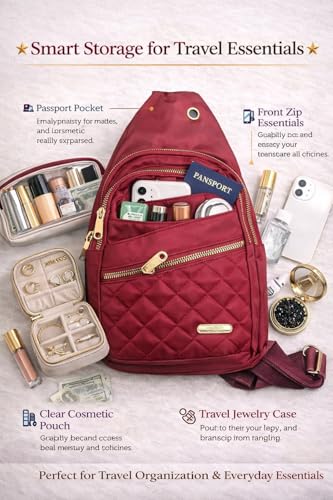 Travel Essentials Gift Set for Women – 7 Pc Travel Kit with Sling Bag, TSA Pouch, Jewelry Case & Sleep Mask - color: Burgundy
