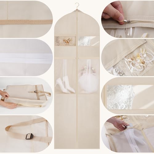 Wedding Dress Garment Bag,72" Tri-Fold Bridal Gown Bag with 6 Pouches and Adjustable Buckle Gown Cover for Wedding/Prom/Travel/Closet Storage (Beige) - color: Beige