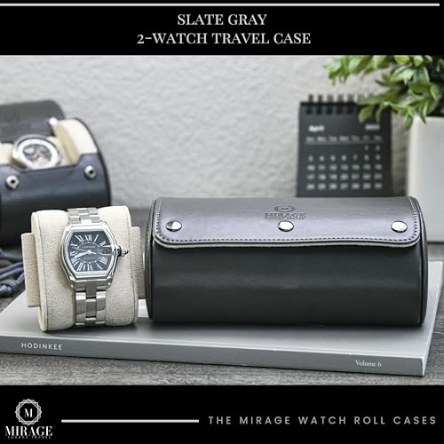 2 Watch Roll Travel Case for Men - Double Watch Case - Slate Grey/Ivory White Vegan Leather - color: Slate Gray/Ivory 2-watch case