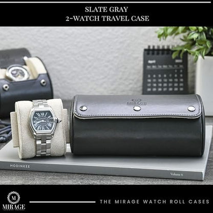 2 Watch Roll Travel Case for Men - Double Watch Case - Slate Grey/Ivory White Vegan Leather - color: Slate Gray/Ivory 2-watch case