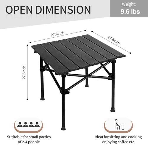 SHANQUAN Folding Camping Table, 27.6 × 27.6 Inches Portable Camp Table Aluminum Fold Up Lightweight Roll Up Table with Carry Bag Indoor Outdoor for Camping, Picnic, Backyard, BBQ, Patio, Black - size: 27.6*27.6 inch