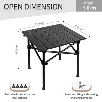 SHANQUAN Folding Camping Table, 27.6 × 27.6 Inches Portable Camp Table Aluminum Fold Up Lightweight Roll Up Table with Carry Bag Indoor Outdoor for Camping, Picnic, Backyard, BBQ, Patio, Black - size: 27.6*27.6 inch