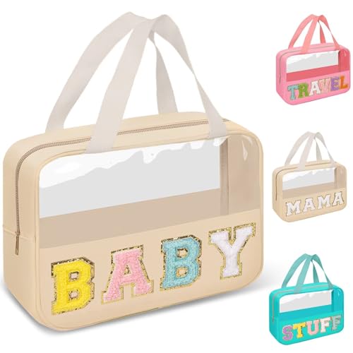 Preppy Clear Baby Makeup Bags with Chenille Letter Patches, Travel Essentials Large Clear Make up Bag Zipper Pouch with Handle, Waterproof Nylon Cosmetic Toiletry Storage Tote for Women (BABY-Beige) - color: BABY-Beige