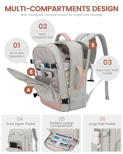 LOVEVOOK Travel Backpack For Women, 40L Carry On Backpack Flight Approved, TSA Personal Item Travel Bag Fits 17 Inch Laptop, Business Weekender Overnight Waterproof Daypack With 2 Cubes, Grey-Pink - color: Pink-grey, size: 40l-17.3 Inch-3pcs