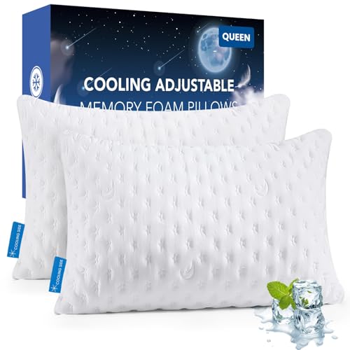 Cooling Side Sleeper Pillow for Neck and Shoulder Pain, Luxury Shredded Memory Foam Pillows for Sleeping, Firm Bed Pillows Queen Size Set of 2- Adjustable Queen Size- Washable Cover Original White - color: Original White, size: Queen Size (2 pack)