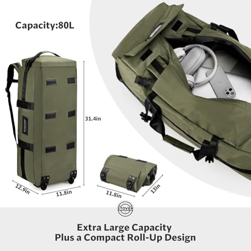 STOVER 45/80/100L Rolling Duffel Bag with Wheels, Large Durable Travel Duffle + Toiletry Bag, Heavy Duty, Packable, Foldable with Shoulder Straps- Use as Luggage or Backpack, Men/Women (Green) - color: Green