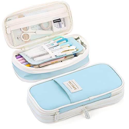 MAMUNU Expandable Pencil case with compartments, Large Capacity Pencil Cases Pencil Bag Pouch Office School, Portable Pencil Case Large School Stationery Organizer, Makeup Cosmetic Bag, Blue - color: Blue