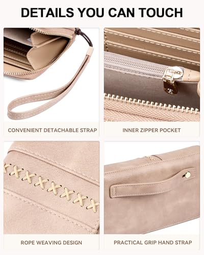 BOSTANTEN Wallets for Women Leather RFID Double Zipper Around Credit Card Holder Large Capacity Wristlet Clutch Wallet - color: Skin Tone