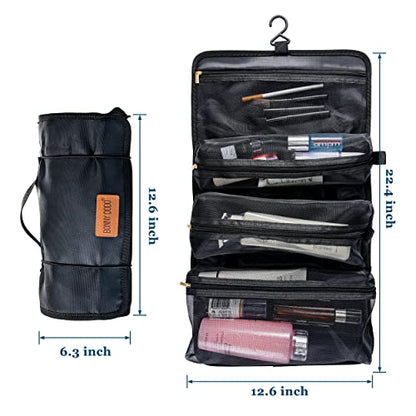 BONNY DODO Toiletry Travel Bag Can Hanging Large Roll-Up Makeup Organizer Bag with 3 Detachable Transparent Mesh Folding Cosmetic Travel Bags for Women & Men Black Toiletries Organizer Bag - size: Large
