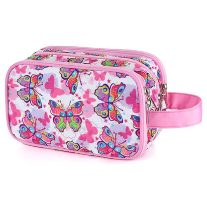 Kids Toiletry Bag for Girls, Travel Toiletry Bag for Little Young Girls Cosmetic Bag Makeup Bag Waterproof Hanging Wash Bag Toddler Toiletries, Butterfly Pink - color: Pink-Butterfly