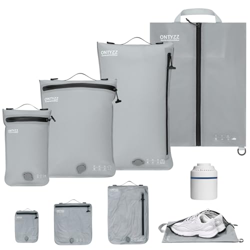 ONTYZZ Vacuum Bags for Travel, Professional Reusable Organizer Bag with IPX8 Waterproof Zipper, Durable Seal Space Saver and ShoseBags for Traveling Essentials, Grey (4 Set With Pump) - color: Grey, size: 4 Set,with Pump